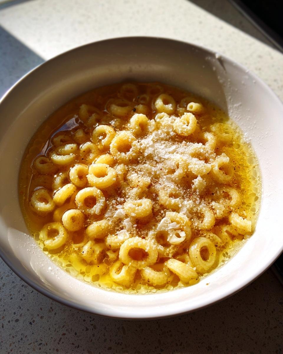 Close-up of a bowl of Comforting Pastina Soup made with small ring pasta in a rich broth, topped with grated Parmesan cheese.