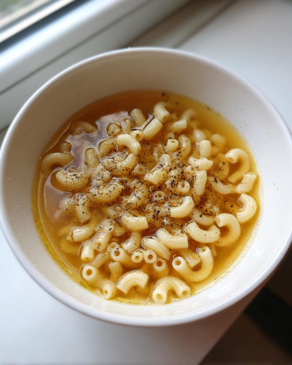 Close-up of a white bowl filled with Comforting Pastina Soup, featuring elbow macaroni in broth topped with pepper.