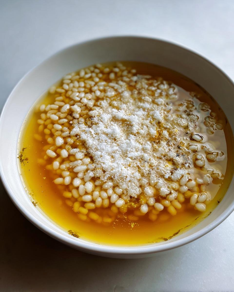 A white bowl filled with Comforting Pastina Soup, featuring small pasta shapes in golden broth topped with grated Parmesan cheese.