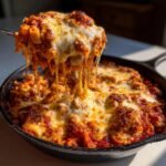 A spoonful of Comforting Skillet Lasagna showing extreme cheese pull over the bubbling dish in a cast iron pan.