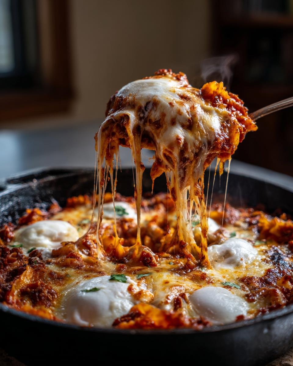 A spoonful of hot Comforting Skillet Lasagna showing extreme cheese pull over the bubbling sauce in a cast iron pan.