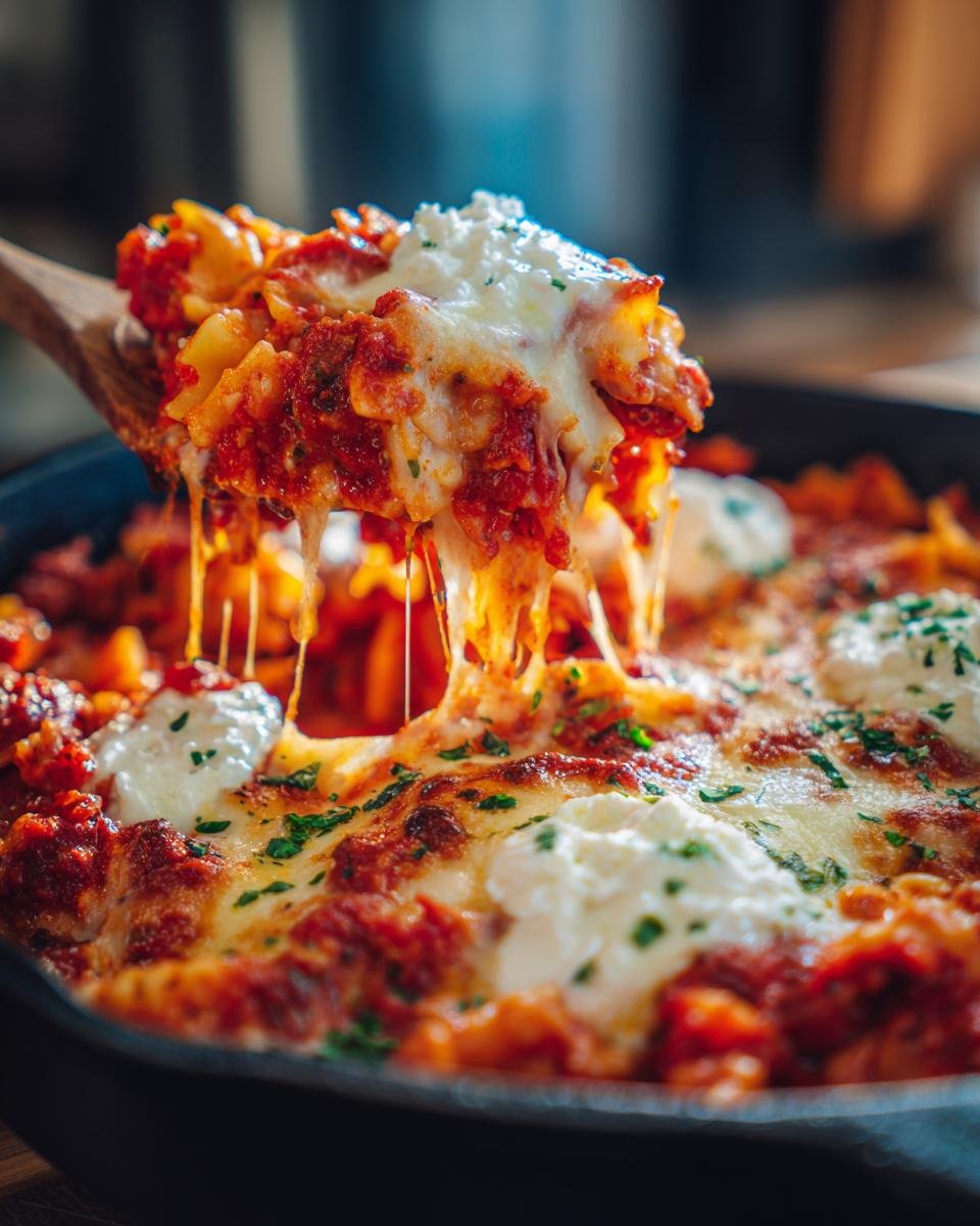 A wooden spoon lifts a cheesy portion of Comforting Skillet Lasagna, showing long cheese pulls over the bubbling skillet.