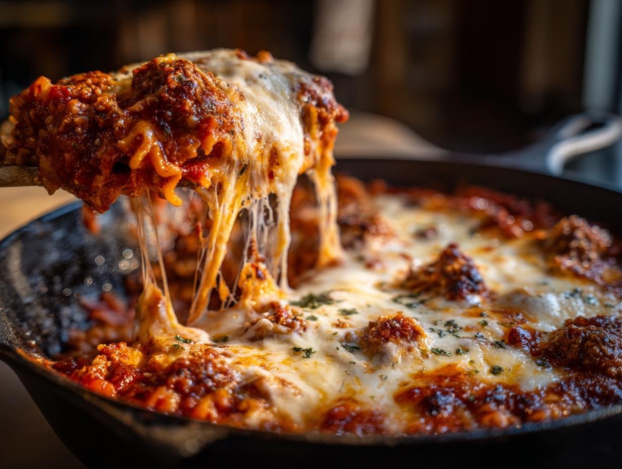 A spoonful of Comforting Skillet Lasagna showing extreme cheese pull over the bubbling tomato sauce and meat.
