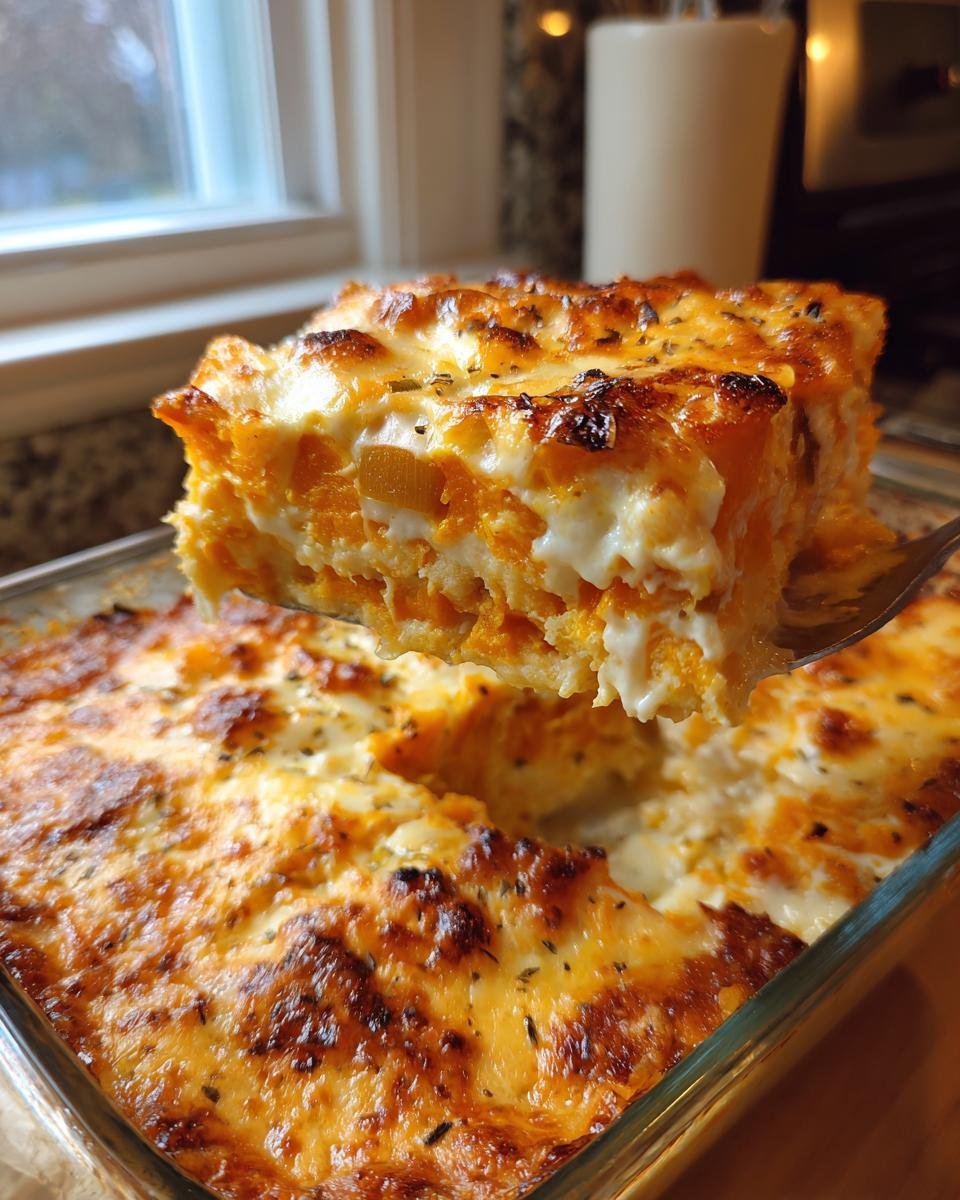 A serving spoon lifts a piece of the Cozy Butternut Squash Apple Leek Gratin from the baking dish, showing layers of orange squash and creamy cheese topping.