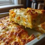 A slice being lifted from a baking dish of Cozy Butternut Squash Apple Leek Gratin, showing layers of orange squash and creamy sauce.