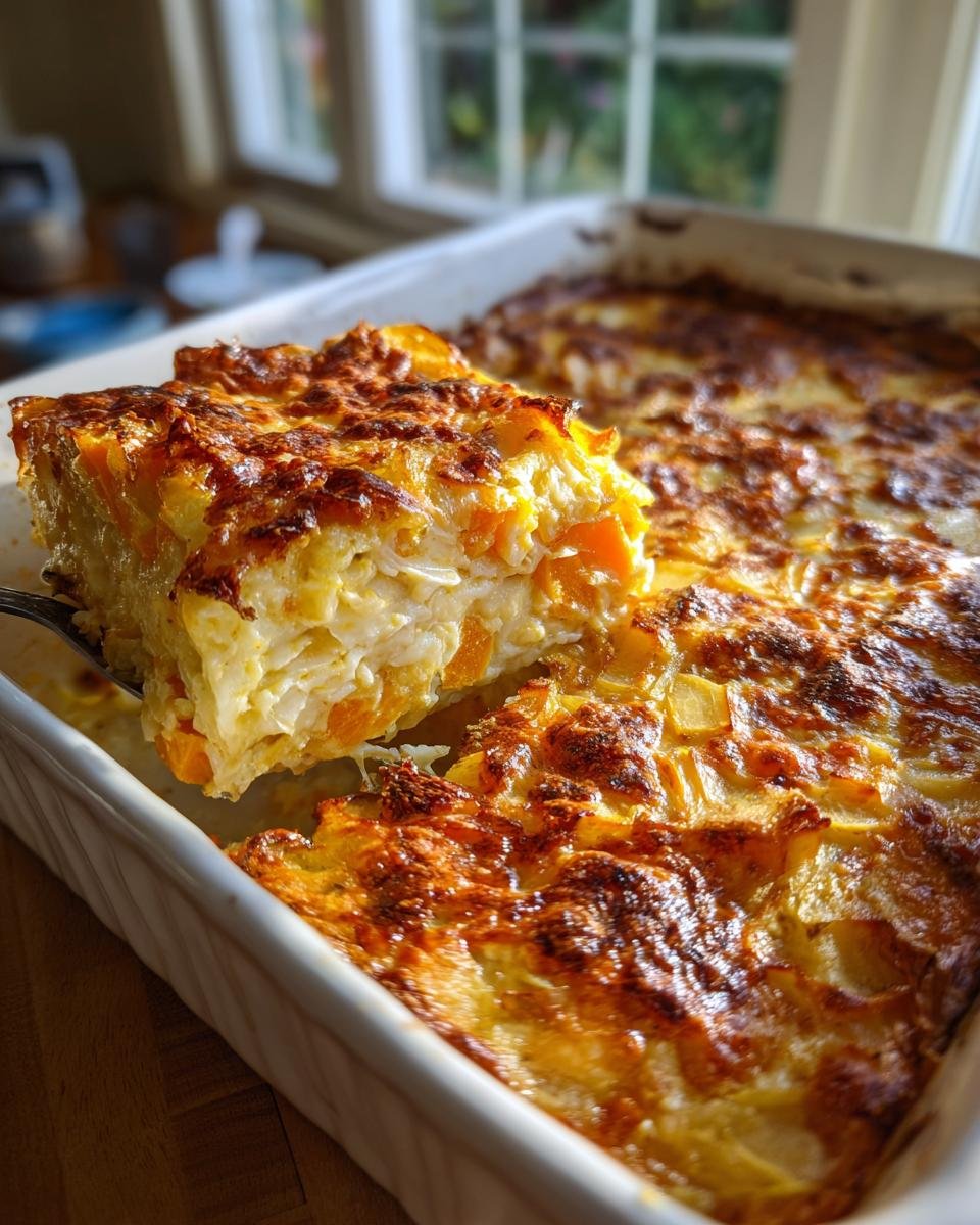 A serving spoon lifts a portion of the golden-brown Cozy Butternut Squash Apple Leek Gratin from the baking dish.