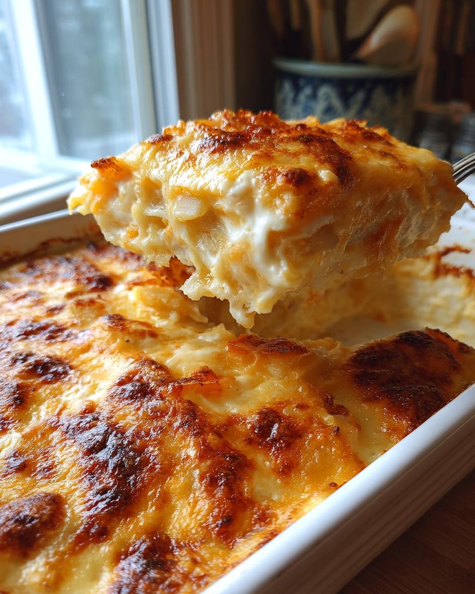 A spoonful of creamy Cozy Butternut Squash Apple Leek Gratin lifted from a white baking dish.