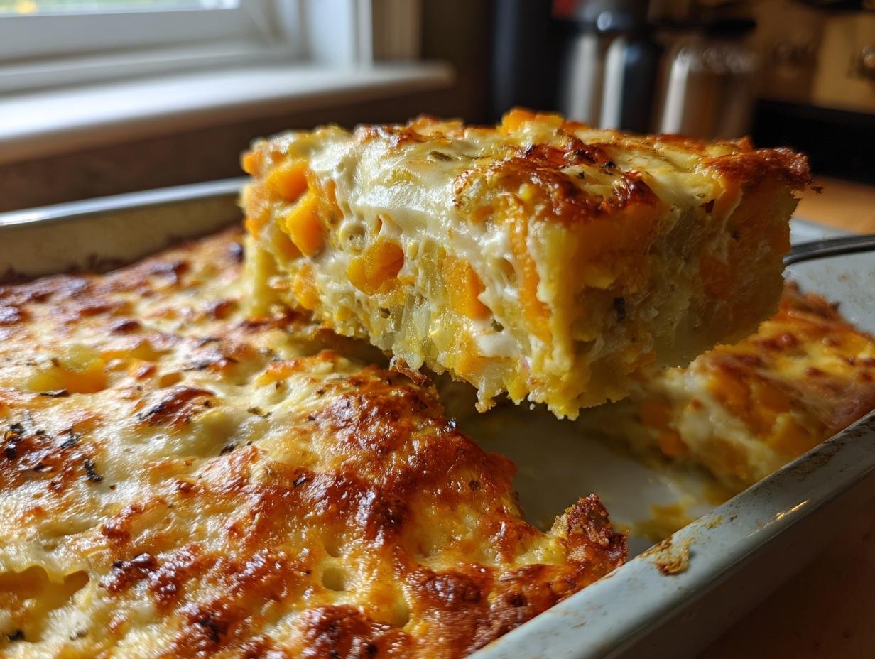 A slice being lifted from a baking dish of Cozy Butternut Squash Apple Leek Gratin, showing layers of orange squash and creamy sauce.