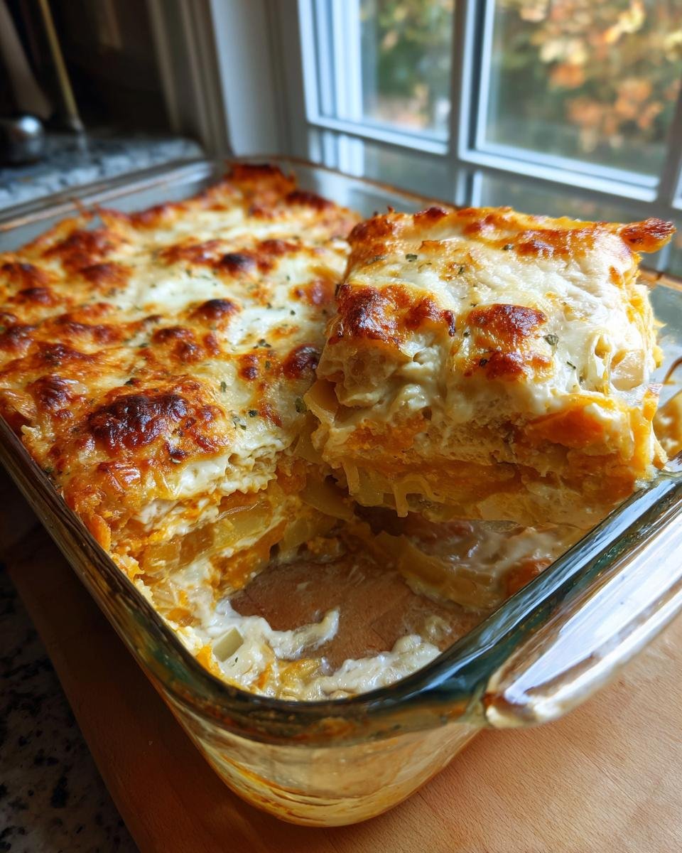 A slice being lifted from a glass baking dish of Cozy Butternut Squash Apple Leek Gratin with a golden, bubbly cheese top.