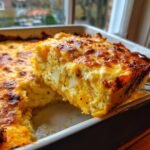 A slice being lifted from a baking dish of Cozy Butternut Squash Apple Leek Gratin with a golden-brown, cheesy top.