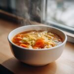 A steaming white bowl filled with Cozy Cabbage Soup Recipe, featuring cabbage and carrots, set by a window.