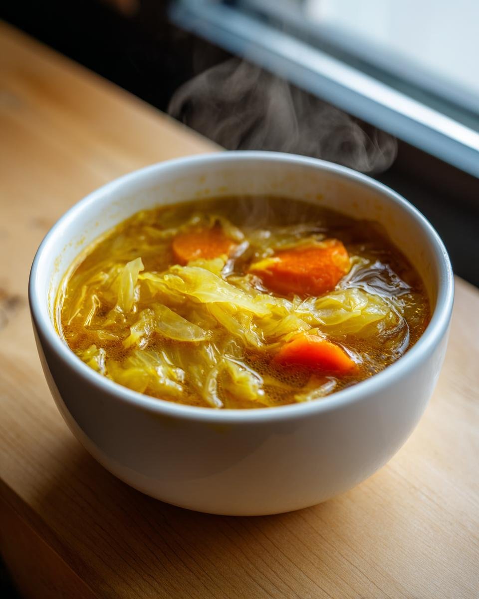Close-up of a steaming white bowl filled with Cozy Cabbage Soup Recipe, featuring yellow broth, shredded cabbage, and carrot slices.
