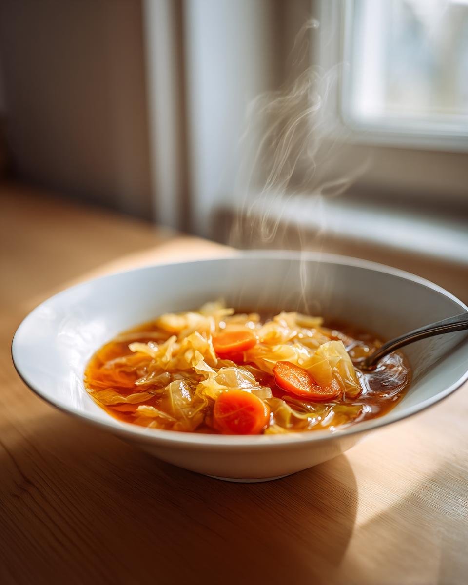 A white bowl filled with steaming Cozy Cabbage Soup Recipe, featuring shredded cabbage and bright carrot slices.
