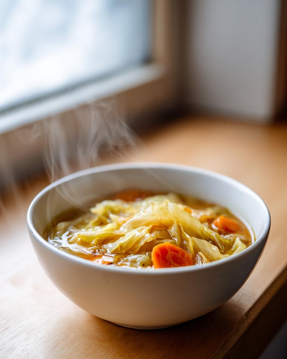 A white bowl filled with steaming Cozy Cabbage Soup Recipe featuring tender cabbage and bright orange carrots.