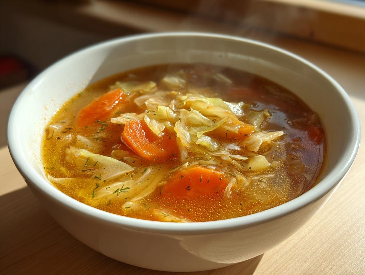 Close-up of a steaming white bowl filled with Cozy Cabbage Soup Recipe, featuring shredded cabbage and sliced carrots in a rich broth.