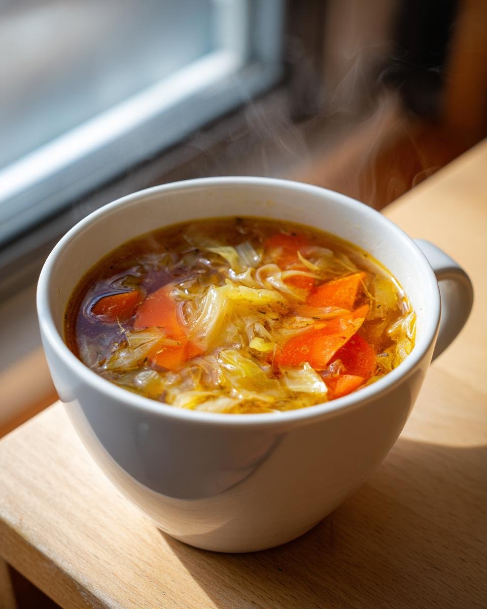 A steaming white mug filled with Cozy Cabbage Soup Recipe, showing chunks of bright orange carrots and shredded cabbage.