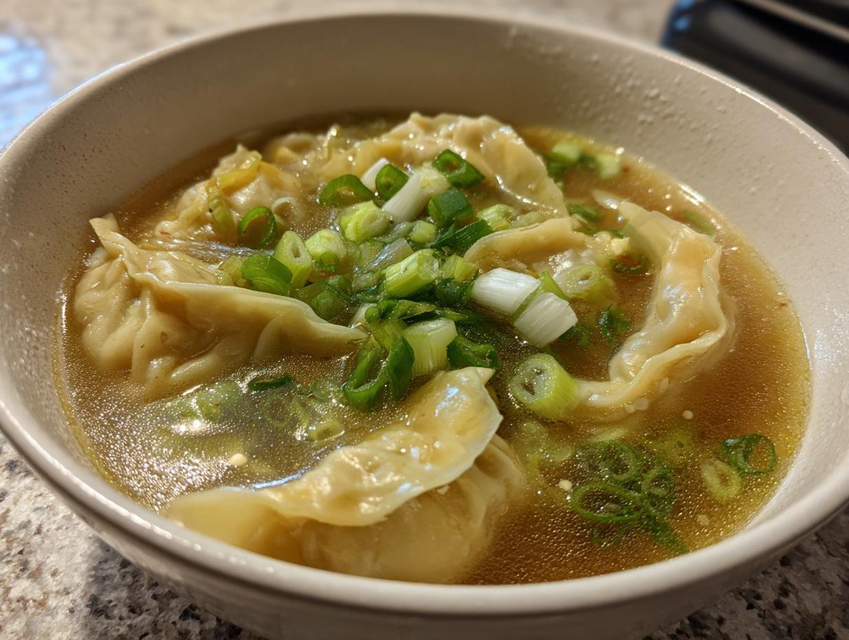 A close-up of a steaming bowl of Cozy Potsticker Soup Recipe, filled with dumplings and topped with fresh green onions.