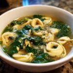 Close-up of a white bowl filled with Cozy Spinach And Tortellini Soup, featuring cheese tortellini and wilted spinach in broth.