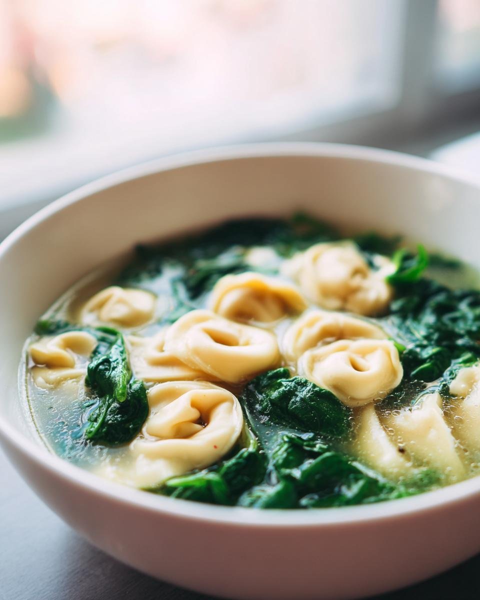Close-up of a white bowl filled with Cozy Spinach And Tortellini Soup, featuring bright green spinach and pasta shapes.