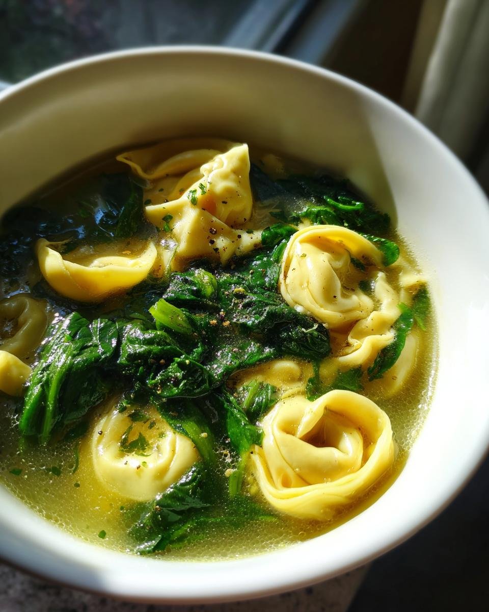 A close-up of a bowl of Cozy Spinach And Tortellini Soup, featuring yellow tortellini and wilted green spinach in broth.