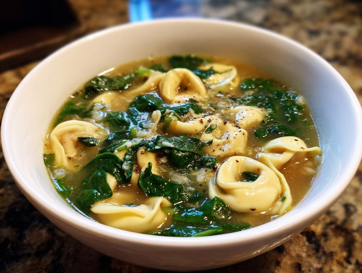 Close-up of a white bowl filled with Cozy Spinach And Tortellini Soup, featuring cheese tortellini and wilted spinach in broth.