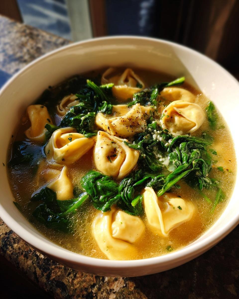 A close-up of a white bowl filled with Cozy Spinach And Tortellini Soup, topped with pepper and cheese.