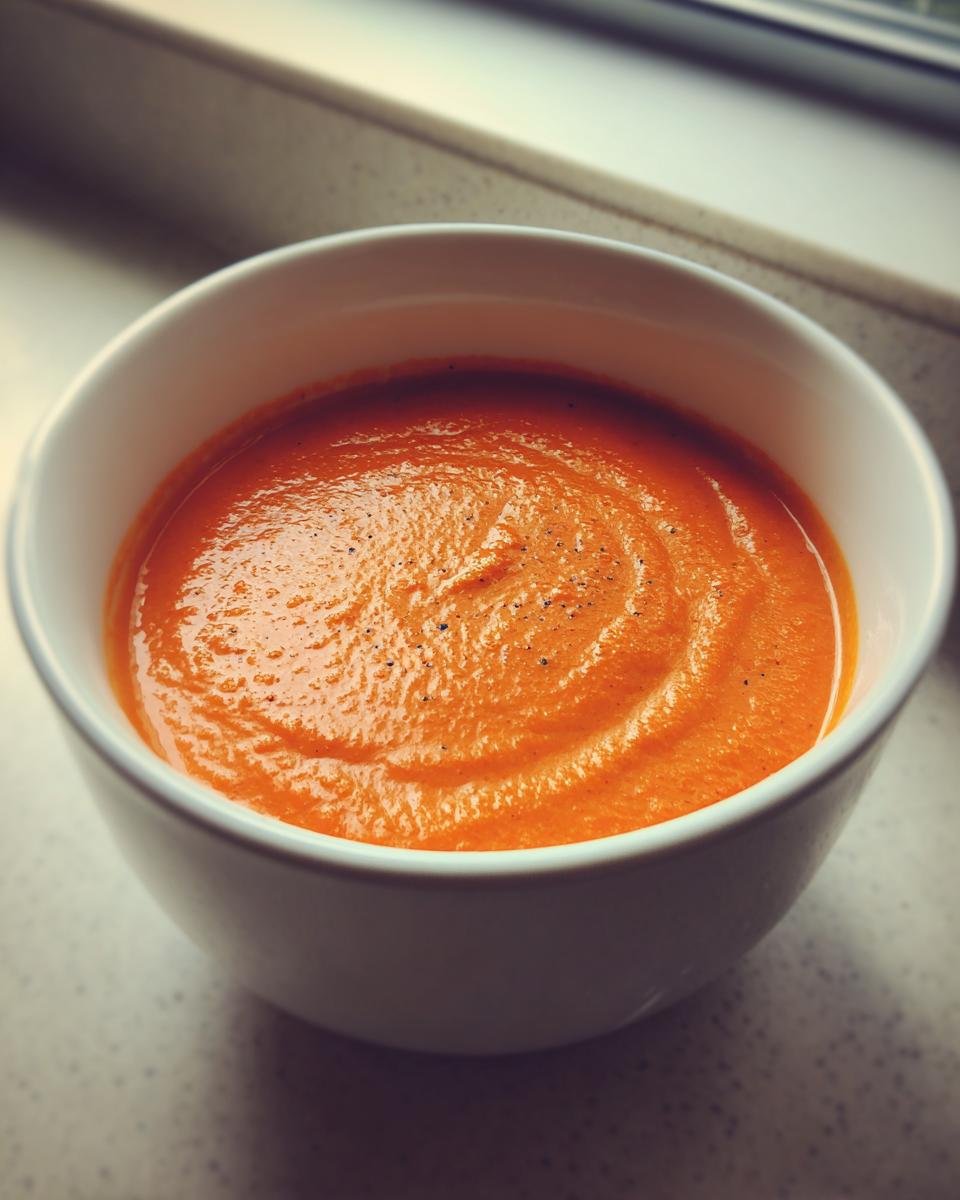 A close-up of a white bowl filled with vibrant orange, creamy tomato bisque recipe, lightly seasoned with pepper.