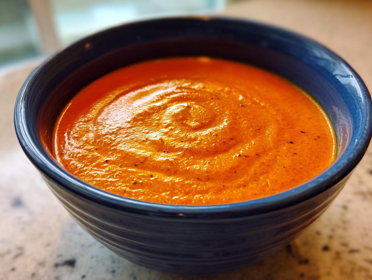 Close-up of a vibrant orange, creamy Tomato Bisque Recipe swirled in a dark blue bowl.