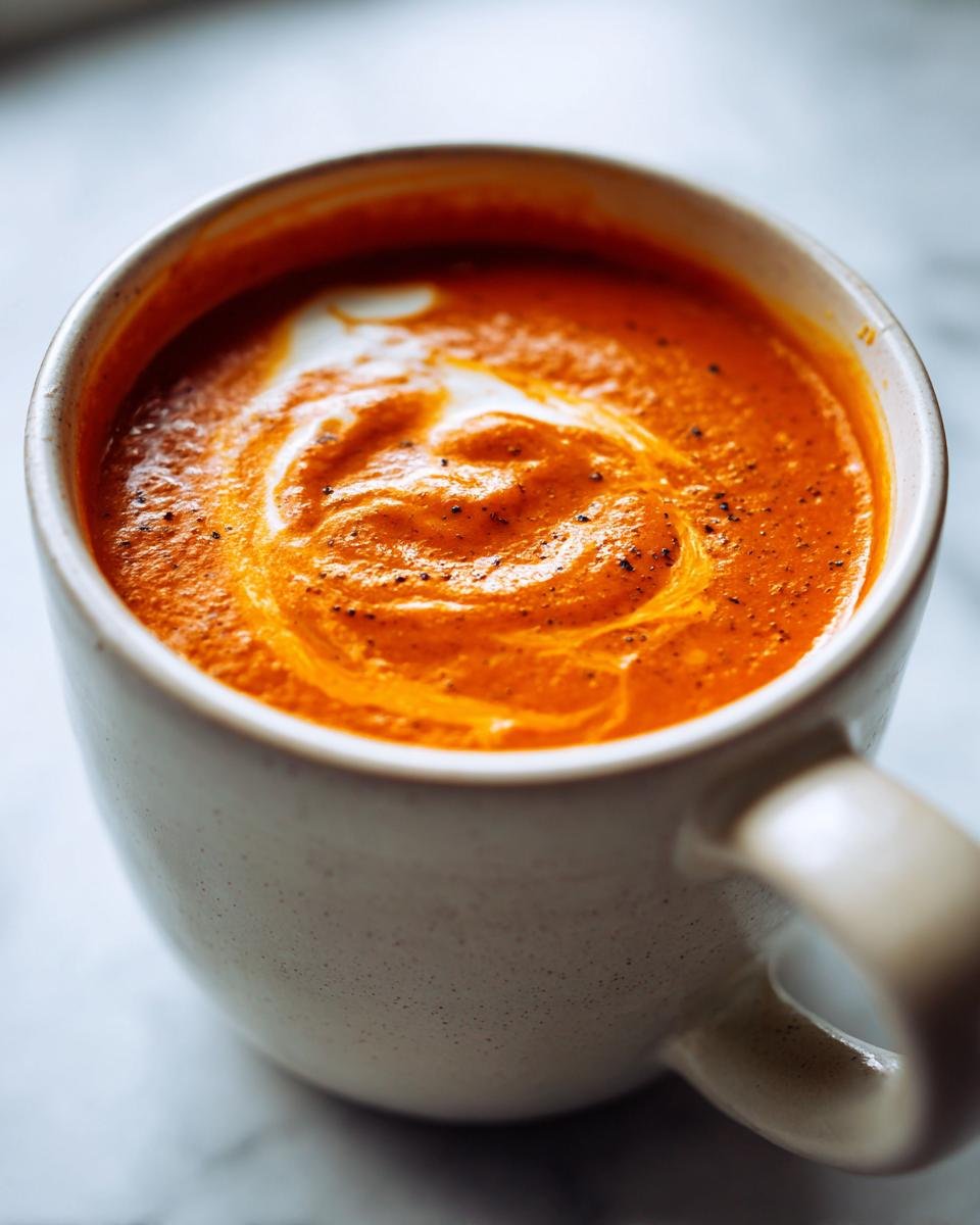 Close-up of a mug filled with creamy tomato bisque recipe, swirled with cream and pepper.