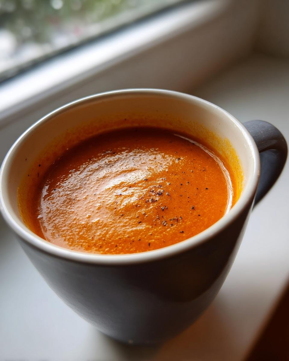 A close-up of a rich, creamy Cozy Tomato Bisque Recipe served hot in a dark mug by a window.