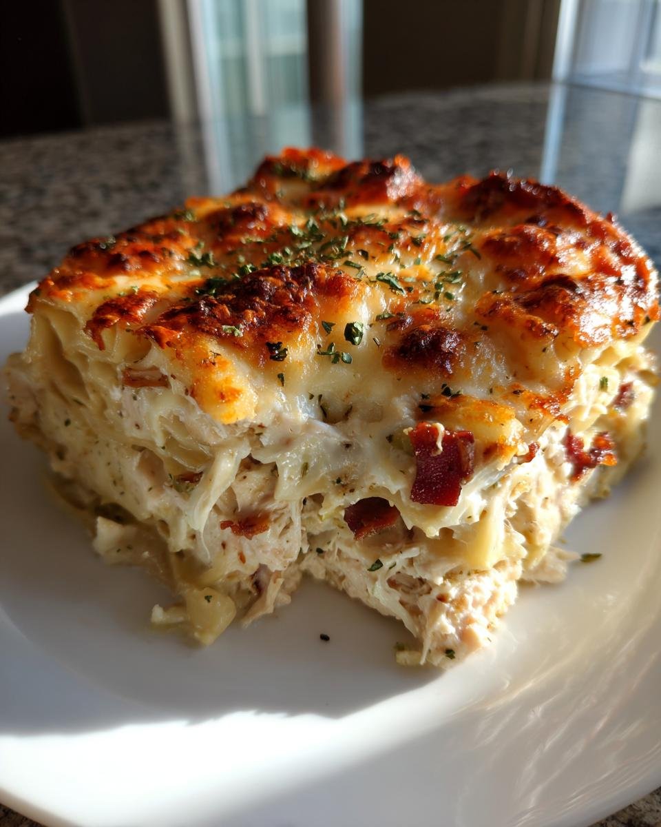 A close-up serving of Irresistible Crack Chicken Lasagna Bake with a browned cheese top and visible bacon pieces.