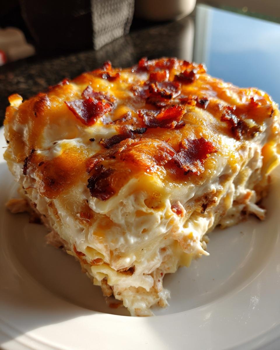 A generous slice of Irresistible Crack Chicken Lasagna Bake showing creamy layers and a crispy bacon topping.