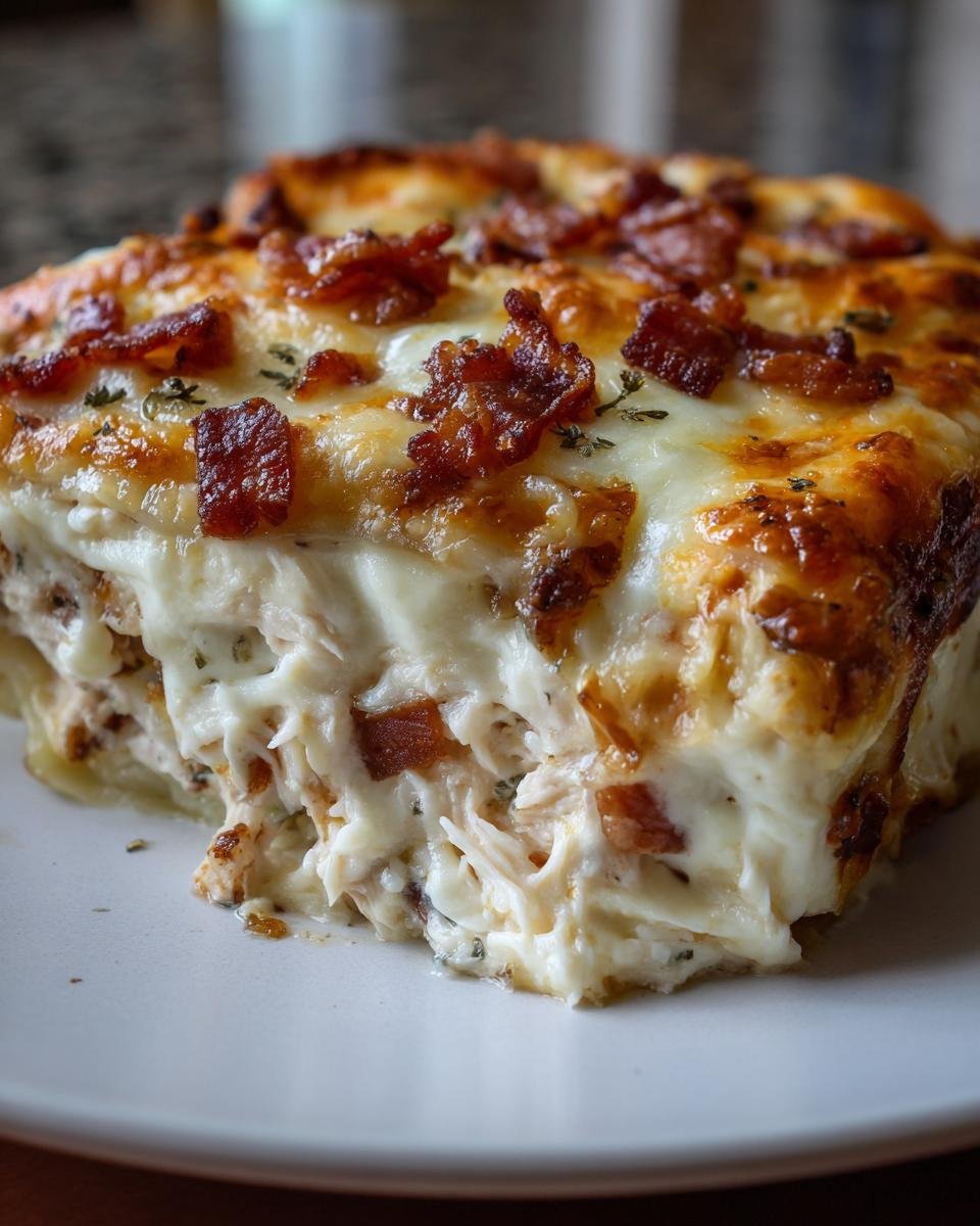 Close-up of a cheesy slice of Irresistible Crack Chicken Lasagna Bake topped with crispy bacon.