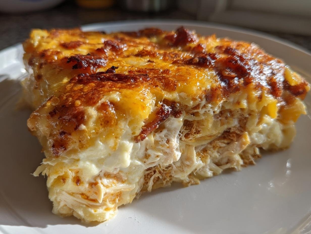A close-up of a cheesy, layered slice of Irresistible Crack Chicken Lasagna Bake with a golden-brown, bubbly top.
