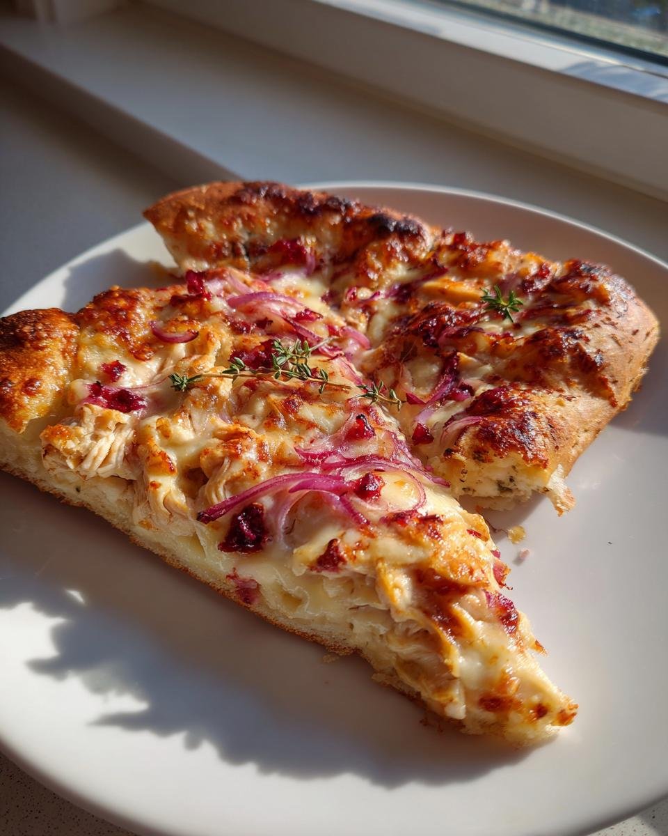 Two slices of Irresistible Cranberry Chicken Brie Pizza topped with melted cheese, red onion, and thyme.