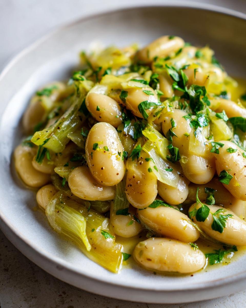 Close-up of Creamy Butter Beans With Leeks Lemon, garnished with fresh parsley and pepper.