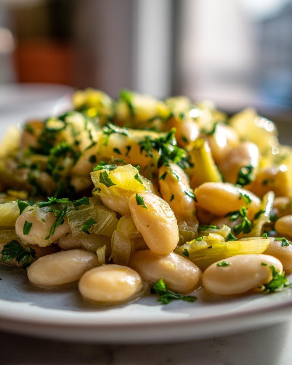 Close-up of a serving of Creamy Butter Beans With Leeks Lemon, garnished with fresh parsley.
