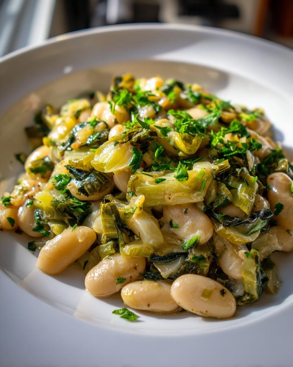 A close-up of Creamy Butter Beans With Leeks Lemon garnished with fresh parsley in a white bowl.