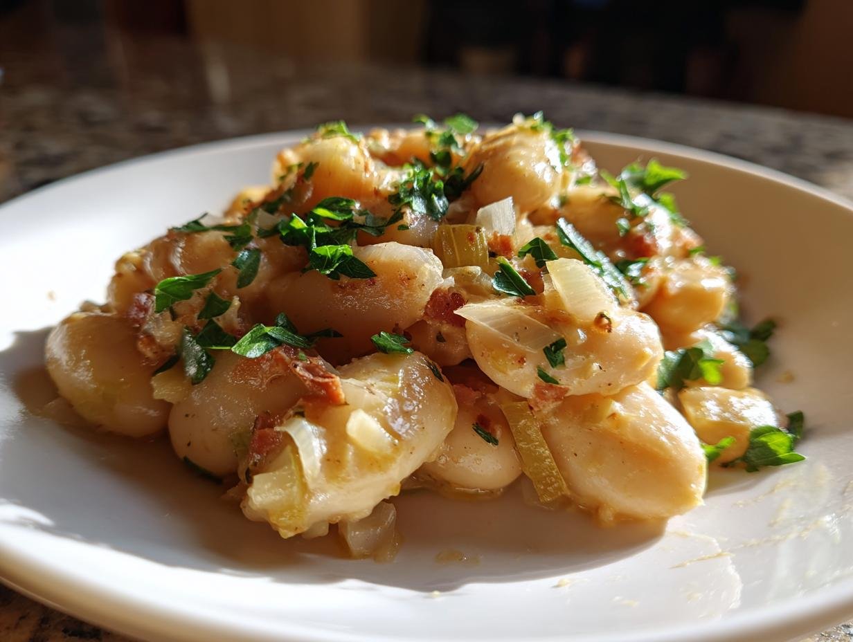 A close-up of Creamy Butter Beans With Leeks Lemon garnished with fresh parsley on a white plate.