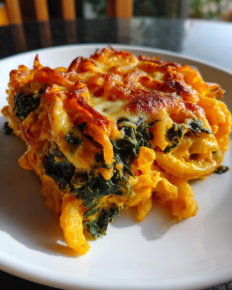A close-up serving of Creamy Butternut Squash Kale Alfredo Bake with a golden, bubbly cheese topping.