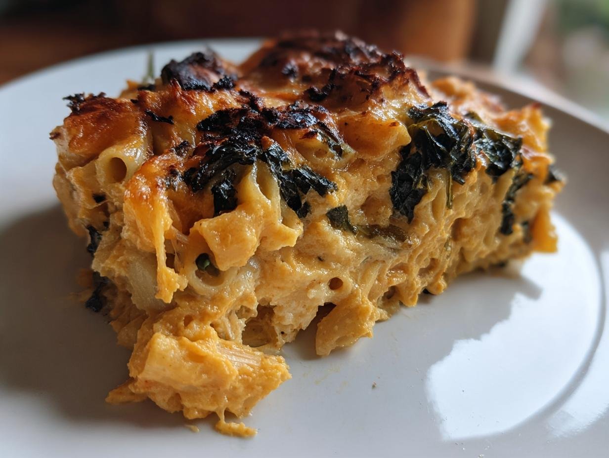 A close-up serving of the Creamy Butternut Squash Kale Alfredo Bake showing cheesy, orange sauce and dark green kale.