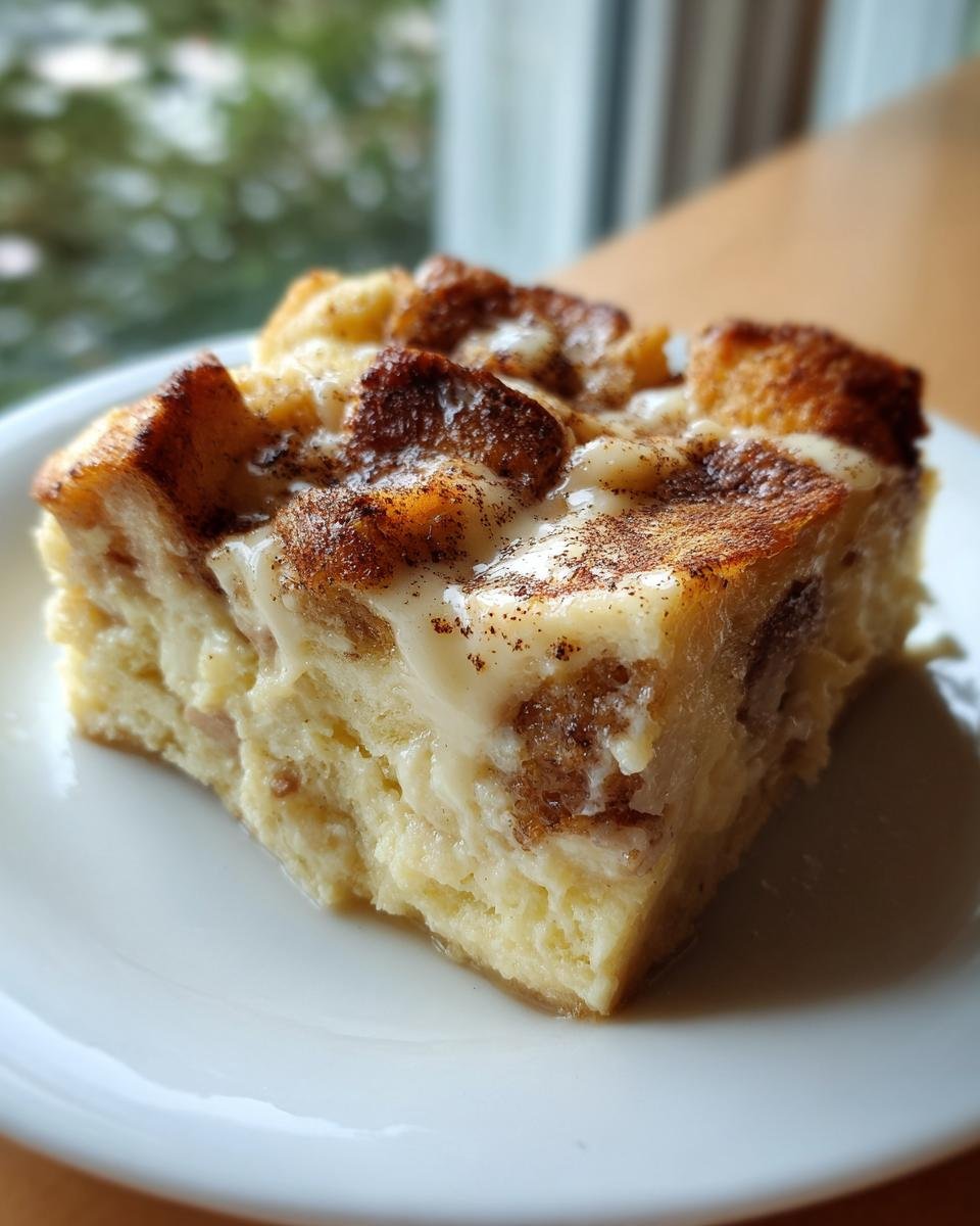 A close-up of a square serving of creamy eggnog bread pudding delight topped with glaze and cinnamon.