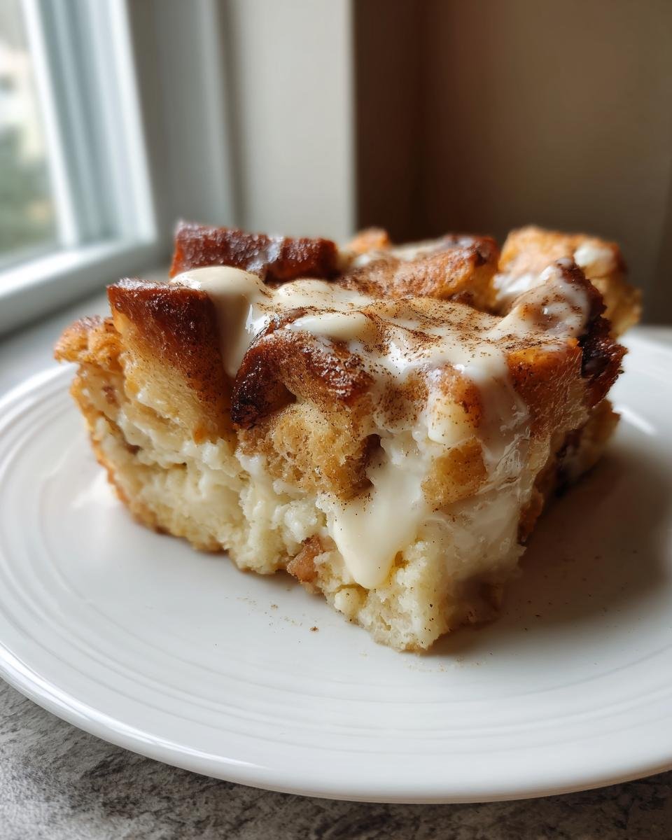 A close-up of a square serving of creamy Eggnog Bread Pudding Delight drizzled with glaze and cinnamon.