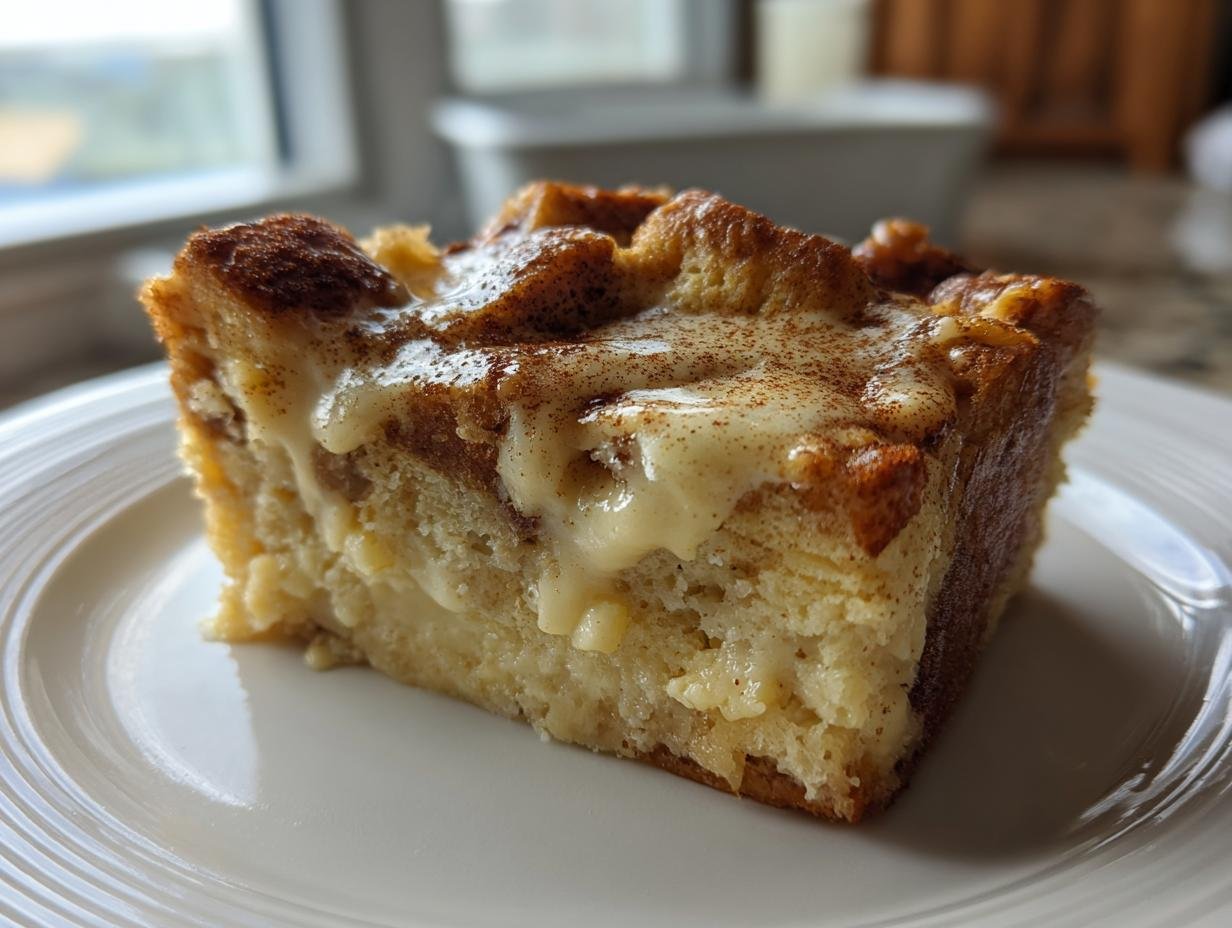 A close-up of a square slice of creamy Eggnog Bread Pudding Delight topped with glaze and cinnamon.