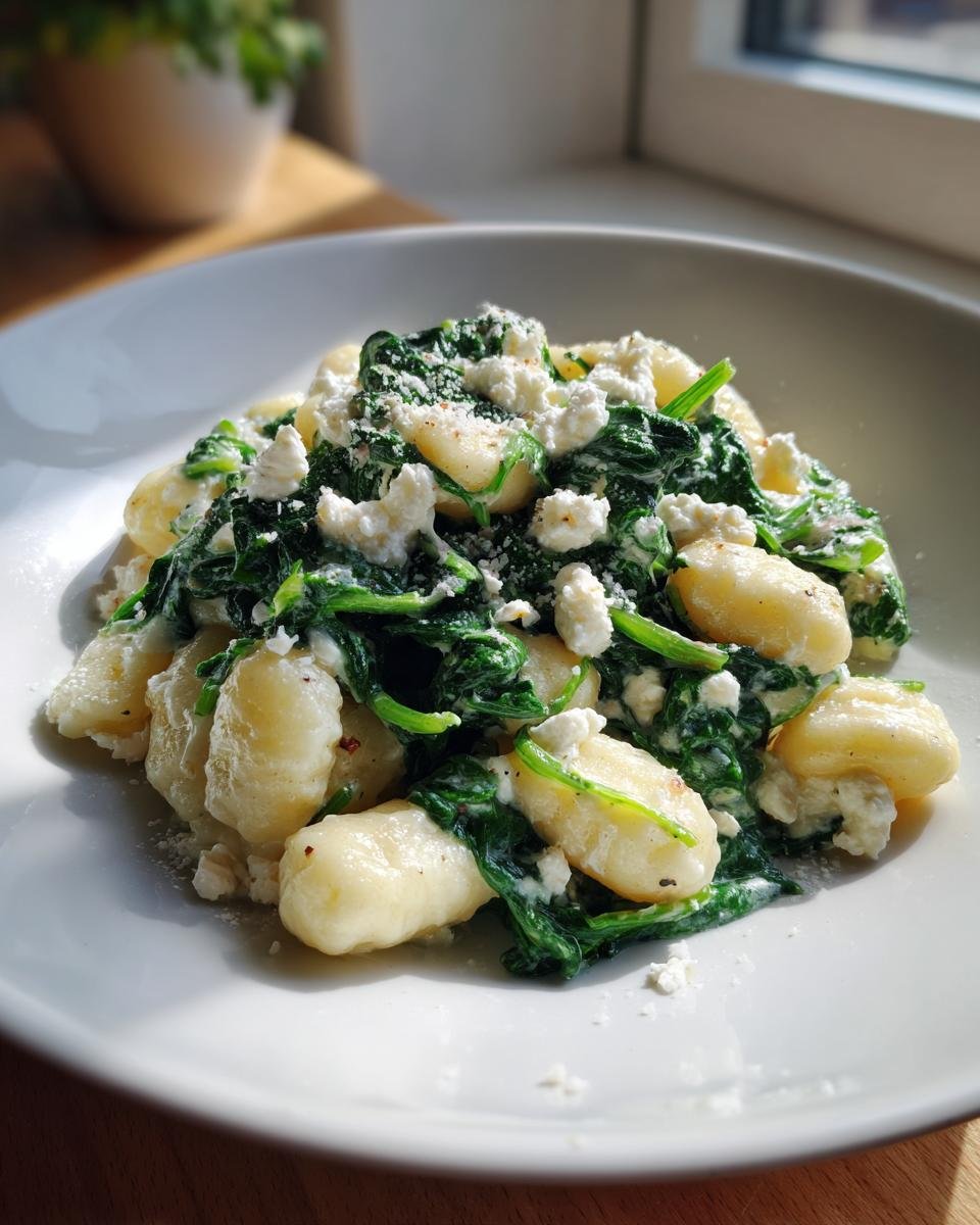 Close-up of creamy gnocchi with wilted spinach and crumbled feta cheese, ready to Indulge In Creamy Gnocchi With Spinach And Feta Bliss.