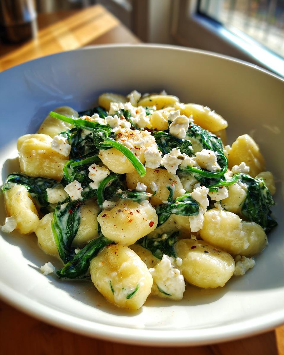 Close-up of creamy gnocchi with spinach and feta bliss, served in a white bowl.