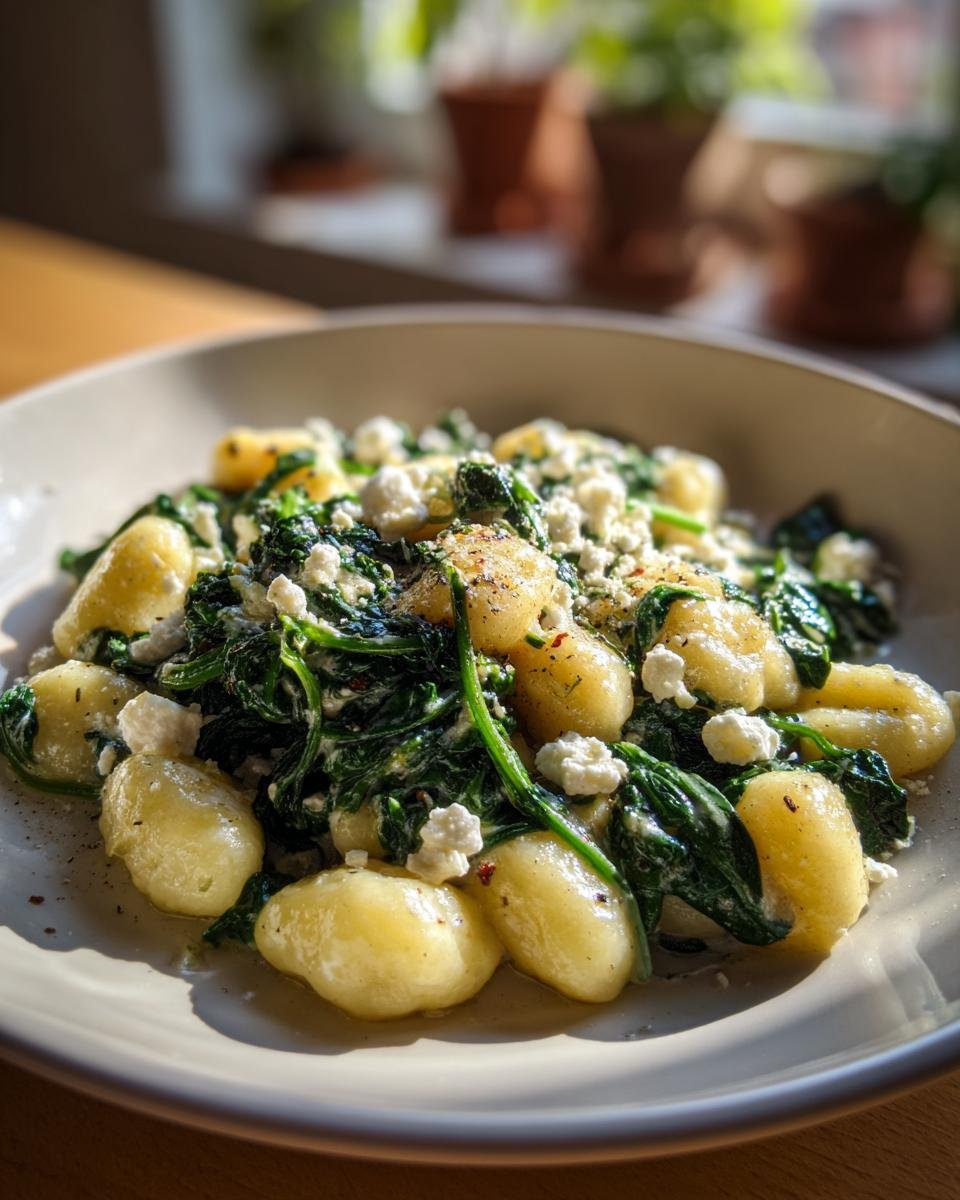 Close-up of a bowl of Creamy Gnocchi With Spinach And Feta Bliss, topped with crumbled feta cheese.