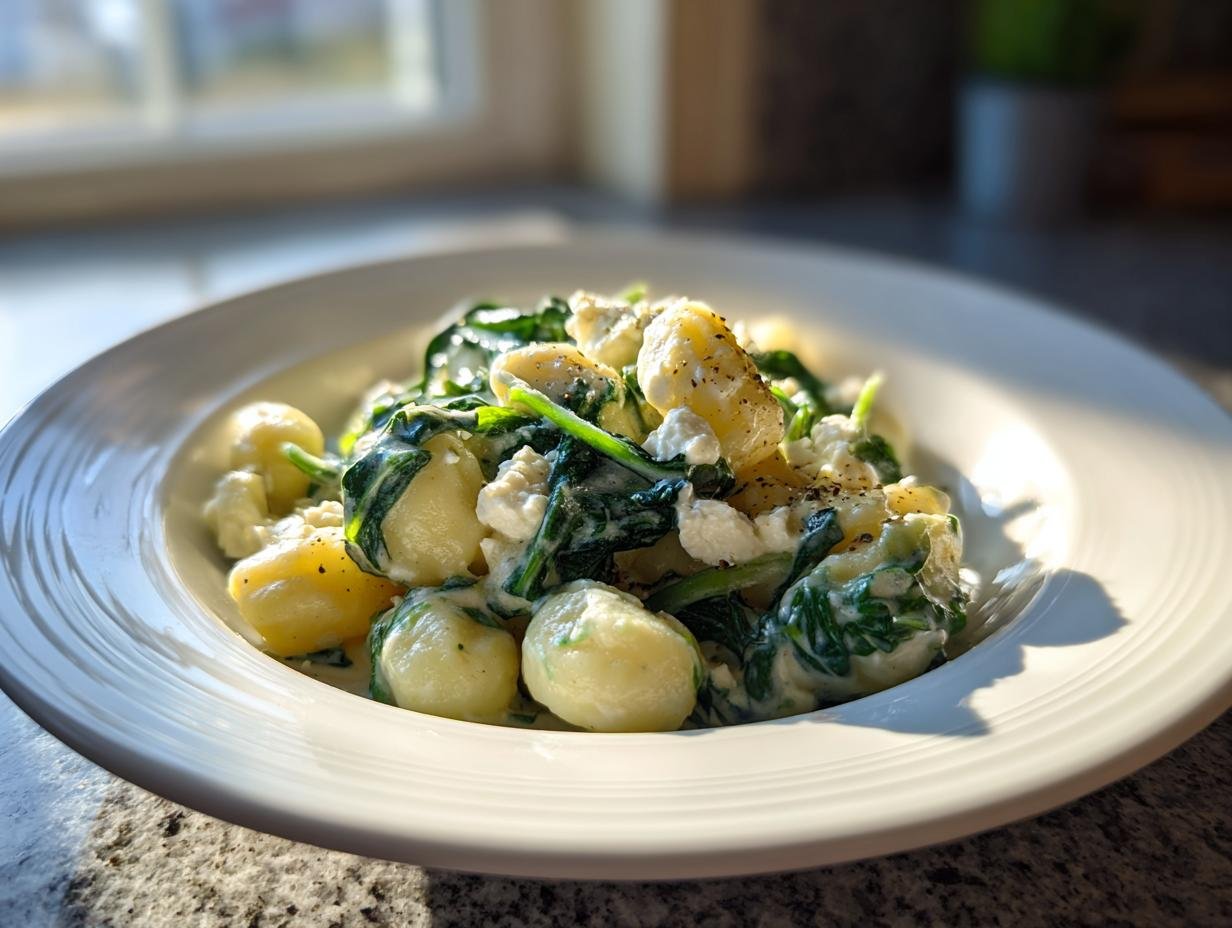 A close-up of creamy gnocchi with spinach and feta bliss served in a white bowl, seasoned with pepper.