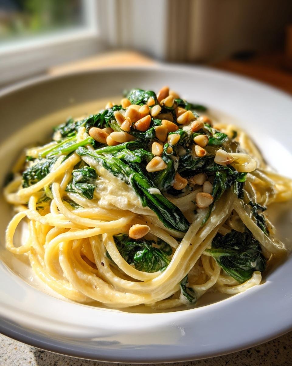 A close-up of Creamy Lemon Ricotta Pasta With Spinach Pine Nuts Delight served in a white bowl.