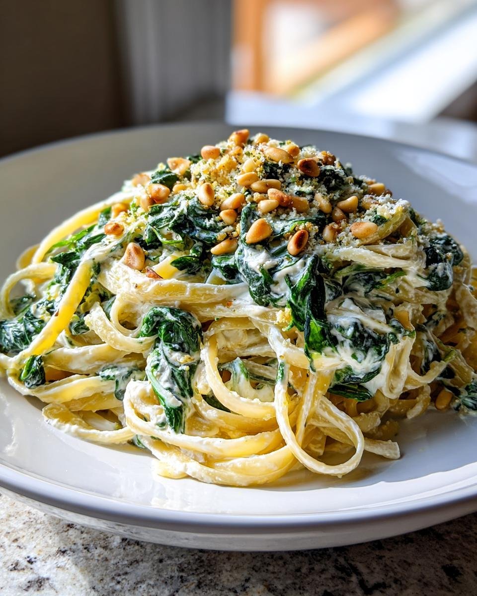 A close-up of Creamy Lemon Ricotta Pasta With Spinach Pine Nuts Delight featuring fettuccine coated in a white sauce, mixed with wilted spinach and topped generously with toasted pine nuts.